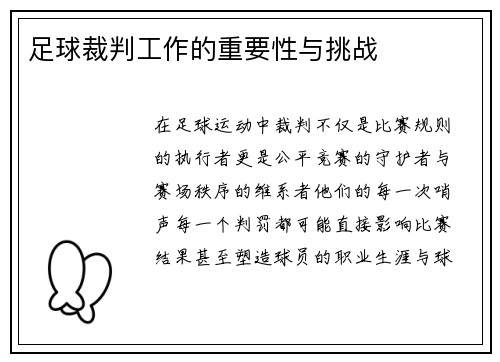 足球裁判工作的重要性与挑战